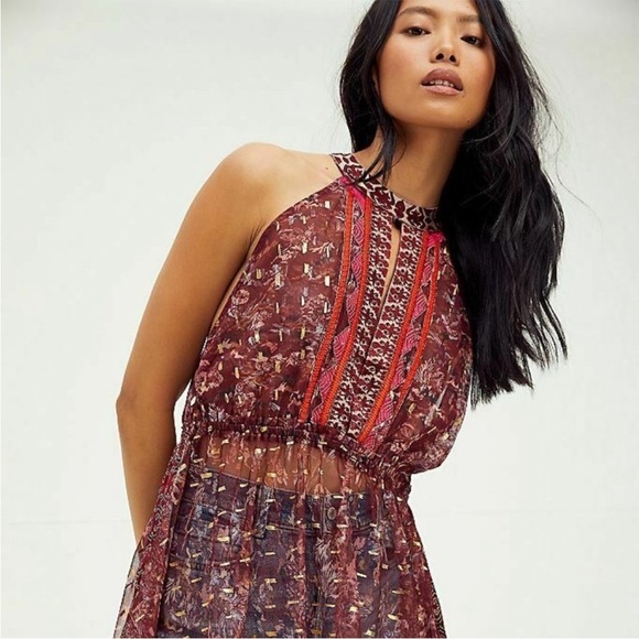 Free People Ria Wine Red & Gold Sleeveless Sheer Embroidered Maxi Top Size XS - Picture 2 of 16